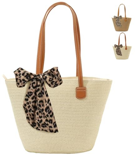 AUNGKWANG Stroh Strandtasche Groß Damen, Strohtasche mit Reißverschluss, Damen Strohtasche Sommer für Strand, Reisen, Urlaub, Shopping