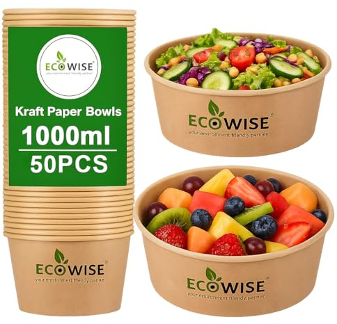 EcoWise Kraft Paper Salad Bowls 1000ml (35oz) – Pack of 50, Disposable Food Containers for Hot & Cold Food, Leak-Resistant Salad and Soup Bowls, Eco-Friendly Takeaway and Party Serving Bowls