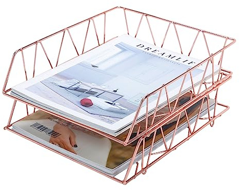 PAG Set of 2 Office Supplies Metal Stackable File Document Letter Tray Organizer for Desk, Rose Gold