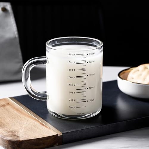 230ML Glass Measuring Cup Water Cup Heat-Resistant Glass Milk Scale Microwave Measure Jug Transparent Scale Mug Home Office Drinking Cups with Handle for Milk, Tea, Cafe and Whiskey