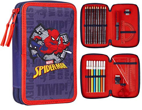 Marvel Federmäppchen Kinder Federtasche, Gefüllt Schulmäppchen Fächer Pencil Case, Federpenal Etui Spiderman Avengers Einschulung Junge (Spiderman Doble Zip)