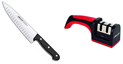 Arcos Serie Universal, Cuchillo Cocinero, Hoja De Acero Inoxidable Nitrum 200 Mm Con Alveolos + Afiladores, Afilador De Cuchillos De Mano, Hecho De Abs + Tpe