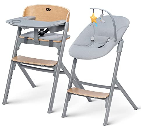 Kinderkraft Seggiolone Pappa LIVY + Sdraietta CALMEE, 4in1, Sedia per tutta Famiglia, dalla Nascita fino 110 kg, Regolazione, Struttura ergonomica, Minimalista Design, Legno
