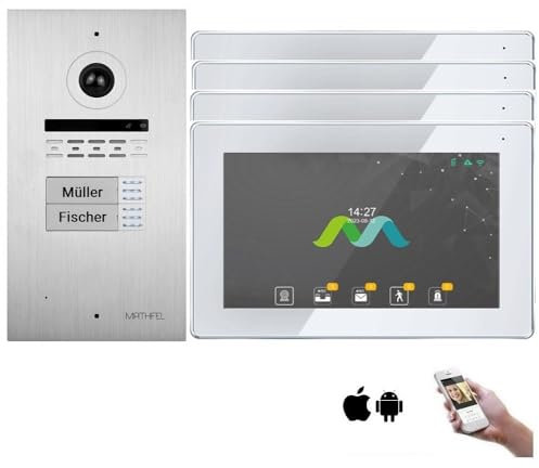 Mathfel 2 Familienhaus 2 Draht Bus WLAN Video-Türsprechanlage, 4X 10 Zoll Touchscreen Monitore mit Full HD 2 Megapixel 170 Grad Weitwinkelkamera -Außenstation in Silber mit Gravur