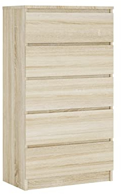 3E 3xE living.com Kommode mit 5 Schubladen, Farbe: Sonoma Eiche, H: 124 cm, B: 70 cm, T: 39 cm
