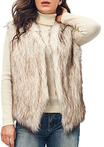 Handcess Gilet donna in pelliccia sintetica Bianco Marrone Cappotto corto senza maniche Giacca Inverno Gilet caldo Outwear per Primavera Autunno e Inverno(L)