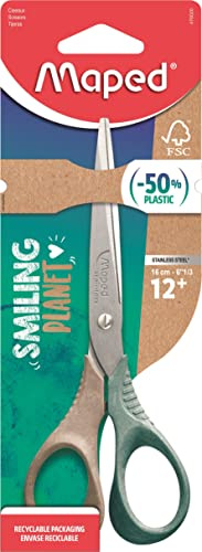 Maped - nachhaltige Schul- und Bastel-Schere SMILING PLANET SHAPE 16 cm - ergonomische 3D Griffe aus FSC-zertifiziertem Holzfaserverbund-Kunststoff