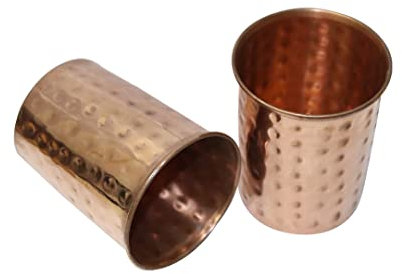 BRACOP® Copper Glasses Water Carafe Drinking Flask Servingware Hammered Cups Pure Copper Mug Set of 2 Pcs Moscow Mule Cup Embossed Glass Drinking Glasses Tableware Serving Glass
