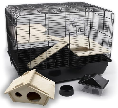 ZOOPAUL Nagerkäfig Hamsterkäfig + Holzhaus Maus inkl. Zubehör REX2 Schwarz Kleintierkäfig