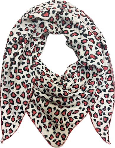 Jeamis Écharpe triangulaire XL en tricot motif cœur léopard amour printemps écharpe 100 % coton fabriqué en Italie mode écharpe triangulaire écharpe cœur automne printemps foulard léopard, rouge, 165