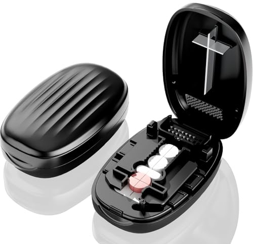 Pill Cutter Splitter for Small and Tiny Pills, 1/2 1/4 Pill Splitter for Small Pills,Vitamins, Tablets in Half or Quarters, Accurate and Easy Cutting, Stainless Steel Blade, Back Storage (Black)