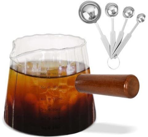 6oz/180ml Bicchiere Dosatore per Espresso con Beccuccio, Caraffa Graduata in Vetro, Borosilicato Bicchiere Misurino con Manico in Legno per Caffè Succo cocktail Latte Liquido