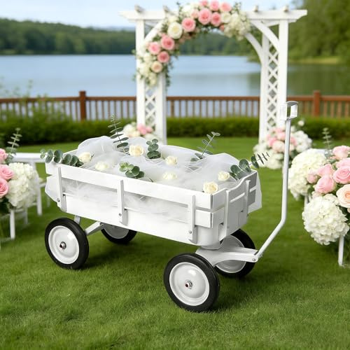 HGTHXDF Pull Along Wagon,White Flower Girl Wagon All-Terrain Wedding Wagon with Removable Wooden Side Panels, Big Tires and Wide Grip Handle for Weddings