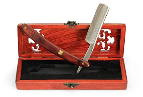 A.P. Donovan - Luxus 7/8 Rasiermesser - Klinge mit Damast-Muster (gehärtet + nicht-rostfrei), Griff aus Mahagoni-Holz - mit Holzschatulle