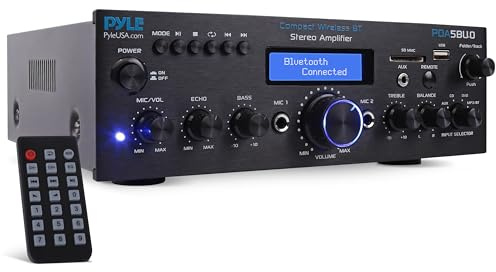 Pyle 200W Audio Stereo Receiver - Wireless Bluetooth Power Amplifier Home Entertainment System w/ AUX in, USB Port, 2 Karaoke Microphone Input, Remote, Black - PDA5BU.0