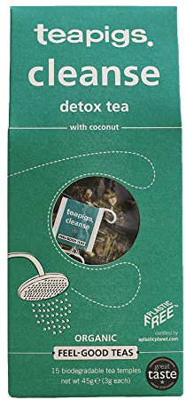 teapigs Organic Cleanse Detox Tea Bags - Green Tea, Dandelion, Ginger & Lemongrass - Supports Digestion & Body Cleansing -15 Eco-Friendly Biodegradable Tea Temples (1 Pack)