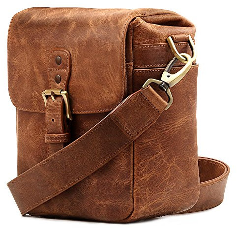 MegaGear MG1329 Torres Mini Kameratasche - Kuriertasche aus echtem Leder für Spiegellose, Sofortbild- und DSLR Kameras, Braun