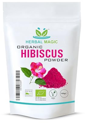 Herbal Magic's Organic Pink Hibiscus Powder - Whole Flower - Natural Face Skin Hair Mask, Sparkle Your Smoothies, Shakes, Baking -of&G UK Organic Certified- Pack 1
