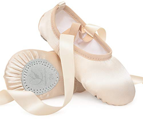 Ballettschuhe Rosa Ballettschläppchen Satin mit Band Tanzschuhe Geteilte Ledersohle für Mädchen Kinder Damen in Gr. 24-40 …