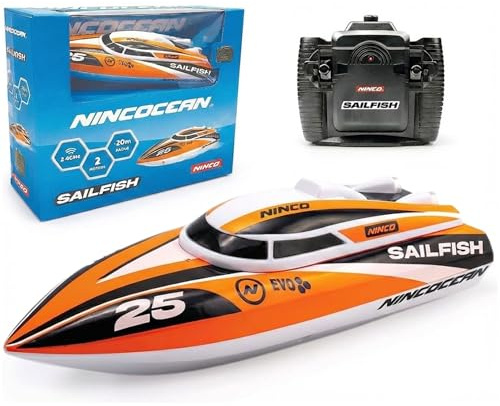 NincOcean - Sailfish | Barco Teledirigido con Gran ángulo de Giro y 2 Motores | Emisora 2,4 GHz | Medidas: 24x9x8 cm | Surca Las Aguas con esta Bestia acuática | A Partir de 6 años (NH99036)