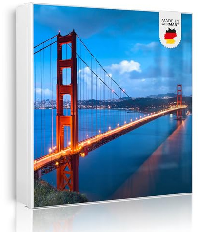 banjado Großer Schlüsselkasten Metall - Schlüsselbox 30x30cm beschreibbarer mit 32 Haken - Schlüsselkasten modern für Schlüsselaufbewahrung - Korpus Weiß Scharnier Links - Motiv Golden Gate Bridge