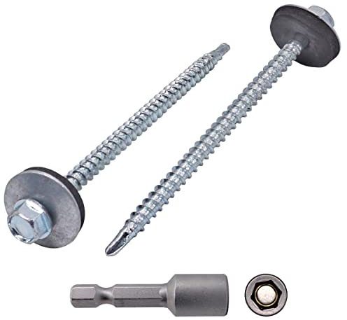 Confezione da 80 viti autofilettanti in acciaio zincato DIN 7504-K da 4,8 mm x 80 mm, testa esagonale con rondelle EPDM, viti per lamiera autofilettanti (80 pezzi da 4,8 x 80 mm)