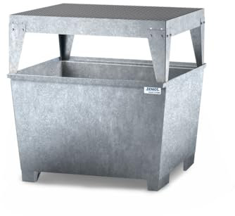 Denios Auffangwanne aus Stahl | ohne Gitterrost | mit Abfüllbock | silber | BxHxT 1120 x 1493 x 1300 mm | Volumen 1000 Liter | 1 Fass | Arbeitssicherheit Notfall-Umweltschutz-Produkte