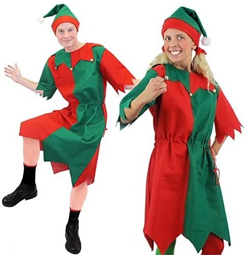 Adults Elf Fancy Dress Costume - Small - Red and Green Christmas Elf Outfit for Men and Women with Jingle Bell Trim and Matching Hat - Fun Santa’s Helper Costume for Xmas Parties