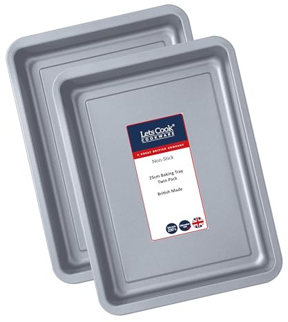 Lets Cook Cookware - 25cm Small Baking Oven Trays, Twin Pack (Set of 2), Double Coated Non Stick, Air Fryer Compatible, British Made