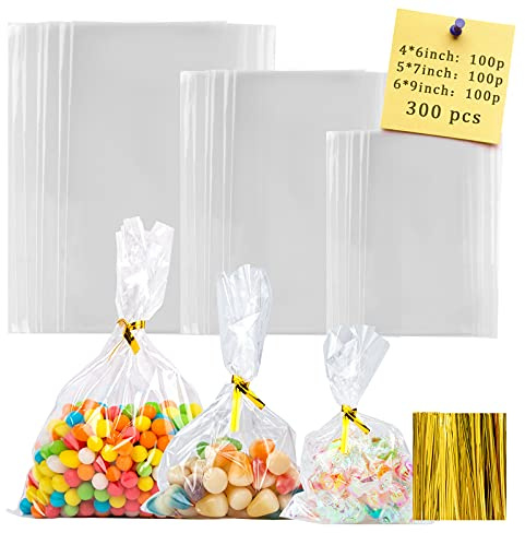 ATBCHS Cellophane Bags - 300pcs Clear OPP Cookie, Treat & Gift Bags in 3 Sizes for Party Packaging with Twist Ties