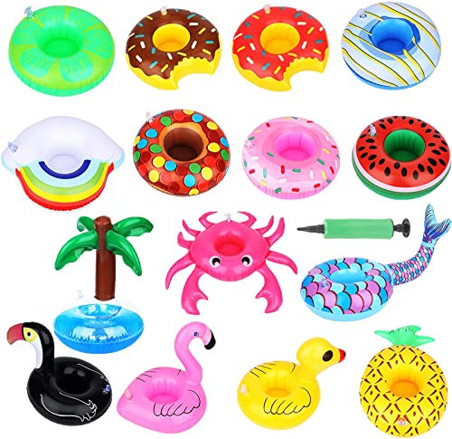 WAIZHIUA 15Pcs Inflatable Drink Holder, Cute Inflatable Cup Holder Set Pool Drink Floats Accessories with Air Pump for Pool Party Hot Tub Bathing