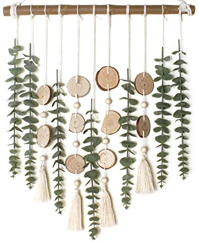 Artificial Eucalyptus Wall Decor Fake Greenery Leaves Stems Wall Hanging Plants on 16.5 inch Wooden Stick Boho Rustic Farmhouse Decor for Bedroom Kitchen Dining Room Bathroom