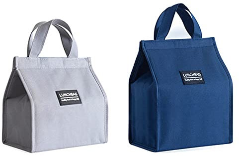 2 Piezas Bolsa Termica, Bolsas Porta Alimentos, Bolsa de Almuerzo Aislada, Bolsa Nevera Bolsa Comida Portatil, Bolsa de Almuerzo Térmica Impermeable para Picnics, Trabajo, Escuela (Gris+Azul)