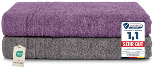 Komfortec 2er Saunahandtuch Set XXL 80x200 cm, 100% Baumwolle | Große Saunatücher aus 100% Baumwolle, XXL Set, Saugstark, Flauschig und Schnelltrocknend, Anthrazit Grau/Violett