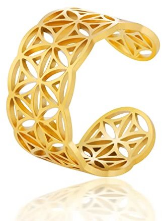 TEAMER Größenverstellbare Blume des Lebens Ringe Edelstahl Om Symbol Heilige Geometrie Magisches Hexagramm Talisman Amulett Schmuck für Frauen Mädchen