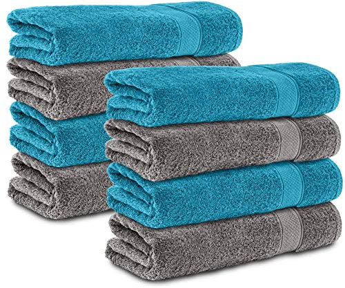 Komfortec 8er Handtücher 50x100 cm Set aus 100% Baumwolle, Frottee, Weich, Anthrazit Grau/Türkis