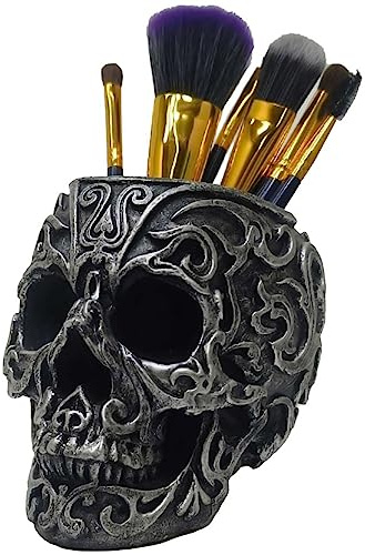 CUZOKOLA Gothic Skull Decor Makeup Brush Holder Vanity Decor with Strong Resin,Pen Holder for Home Office Desk Decorative&Succulent Flowerpot (Silver)