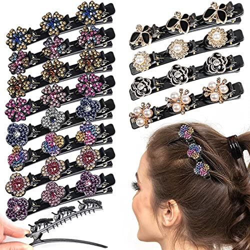 12er Set Haarklammern mit Kristallsteinen und Satinbändern - Braided Hair Clips mit No-Slip-Griff und Rhinstones