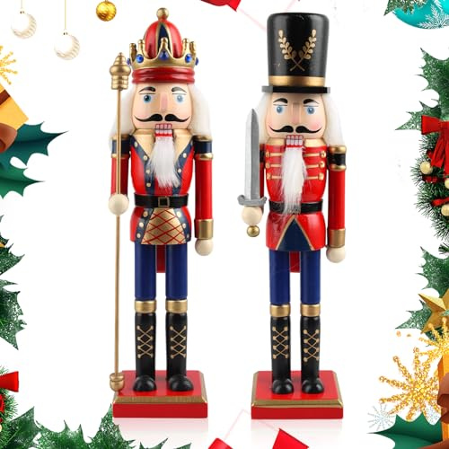 WDJLNZB 2 Pcs Premium Wooden Nutcracker Soldiers, 30cm Large Christmas Nutcracker Figures for Mantelpiece & Tree Decor - Traditional British Christmas Decoration, Hand-Painted