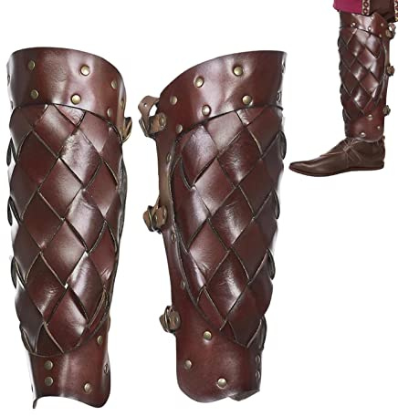 JINGAN Armatura per Le Gambe in Pelle - Cosplay Gambali Armatura Leggings | 2 Pezzi Vintage Rinascimentale Costume Medievale Gamba avvolge parastinchi schinieri Armatura