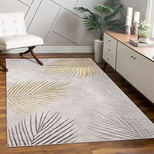 Paco Home Teppich Wohnzimmer Schlafzimmer Moderner Kurzflor glänzendes Palmen-Muster Florales Design Geometrisch Hoch-Tief-Effekt 3D, Grösse:200x290 cm, Farbe:Gold