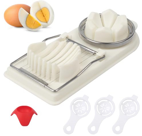 2 in 1 Egg Slicer Cutter Set, with 3 Separator and 1 Holder, Multifunctional Egg Slicer for Boiled Eggs, Boiled Egg Cutter Stainless Steel Line, Strawberry Slicer Also Use to Fruit Vegetable