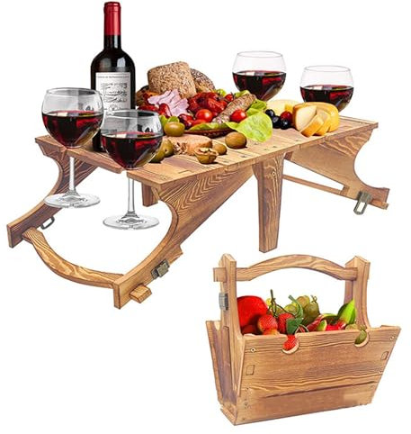 DAGLLGEW Picnic Table Wooden Folding Basket Table with Wine Glass Holder Portable Outdoor Storage Table for Camping Beach Wine Lover Gift 11.8 * 9.1 * 5.9inch