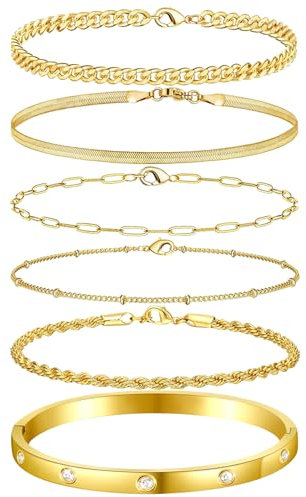 VIVILE 6PCS Edelstahl Armband Damen Gold, 6mm Armreif, 7.5 Zoll Set, Schmuck, Armbänder, Armreifen für Damen, Jewelry Geschenk Silber Gold für Mama Freund Tochter