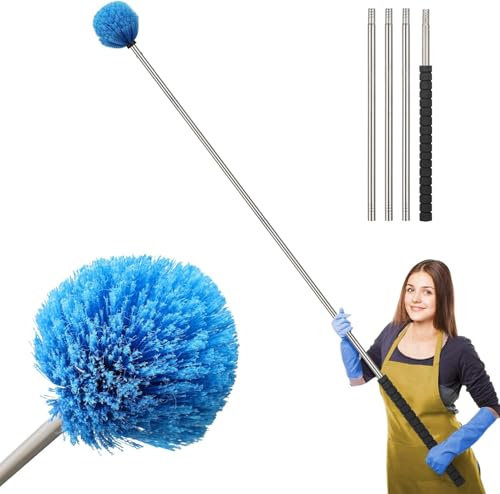Cobweb Duster, 5 FT Stainless Steel Pole Cobweb Brush with Medium-Stiff Bristles for Walls Beams Shelves Iight Fixtures and Window Screens