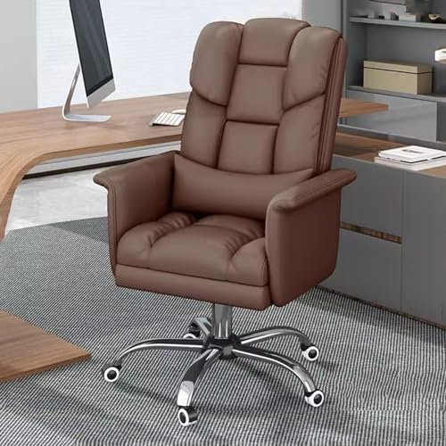 Schreibtischstuhl für das Homeoffice, Bürostuhl, Chefsessel mit Fußstütze, Computerstuhl mit Lordosenstütze, Ledersessel, 360° drehbar, Latexkissen, Schreibtischstuhl mit hoher Rückenlehne (Brau