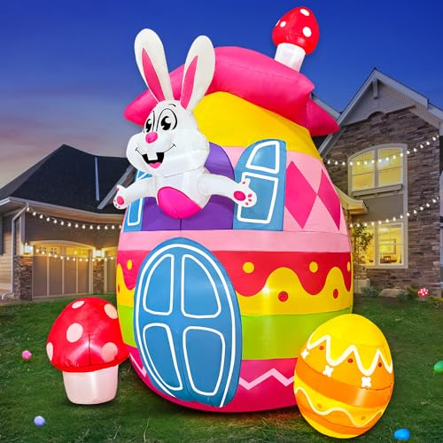 KOOY Aufblasbare Osterhase mit bunten Eiern, 2,1 m Höhe, aufblasbare Osterdekoration für den Außenbereich, integrierte LED-Lichter, Party-Dekoration