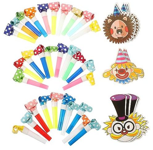 OKUMEYR 30stücke Partytröten Mit Lustigen Motiven Für Musikalische Bläser Und Geräuschmacher Für Geburtstagsfeiern Familienfeiern Und Festlichkeiten Bunte Papier-tröten Bär Clown