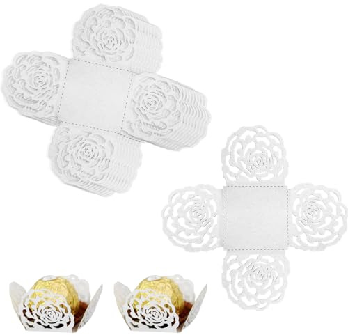 Chokladtryffelförpackningar Papper, 50 st tryffelfodral Mini guldfolie rosmönster söta fodral för jul, bröllop, födelsedag, baby shower party, Valentine (vit)