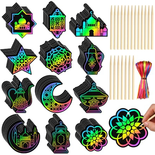 Deekin 120 Pcs Eid Scratch Paper Set Ramadan Crafts Scratch Cards Hanging Ramadan Gifts Eid Magical Party Activities DIY Art Painting Project Supplies